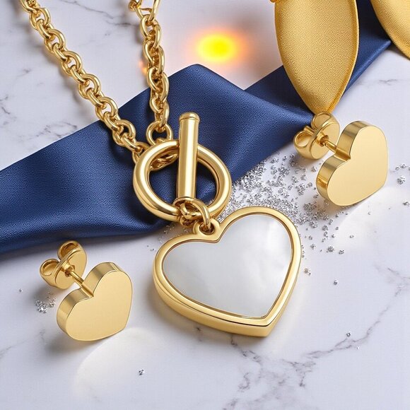 18K Gold Plated Heart Jewelry Set 💖Dainty Earrings & Necklace w/ Shell Inlay - Picture 9 of 9